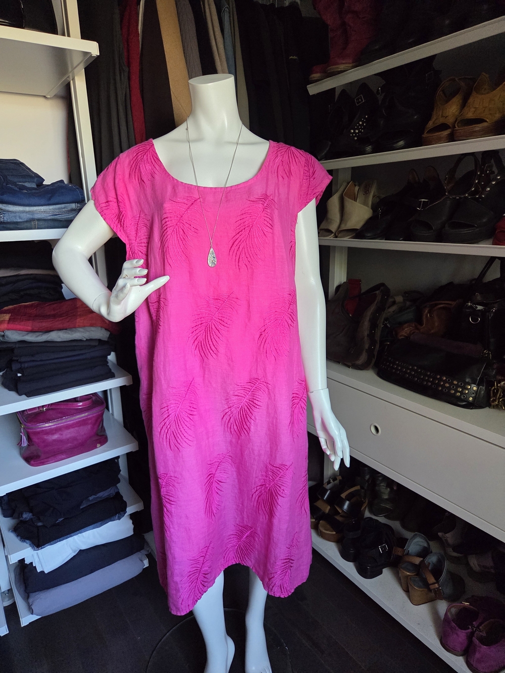 Hot Pink Embroidered Midi Linen Dress